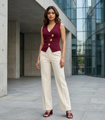 Women's maroon v neck sleeveless knit waistcoat top with gold buttons (4)