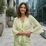 Women's pastel green sheer tie front shrug with bell sleeves (2)