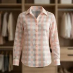 Women's pastel pink and grey checkered button down full sleeve shirt (2)