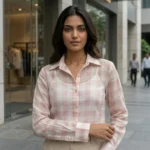 Women's pastel pink and grey checkered button down full sleeve shirt (3)