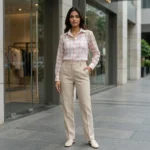 Women's pastel pink and grey checkered button down full sleeve shirt (4)