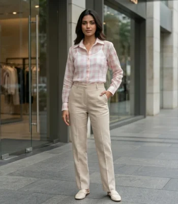 Women's pastel pink and grey checkered button down full sleeve shirt (4)