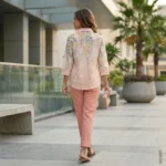 Women's pastel pink floral embroidered semi sheer shirt with collar (2)