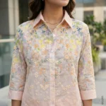 Women's pastel pink floral embroidered semi sheer shirt with collar (4)