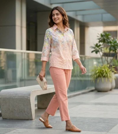 Women's pastel pink floral embroidered semi sheer shirt with collar (5)