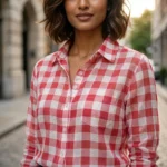 Women's red and white casual gingham button down shirt (2)