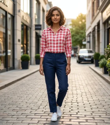 Women's red and white casual gingham button down shirt (4)
