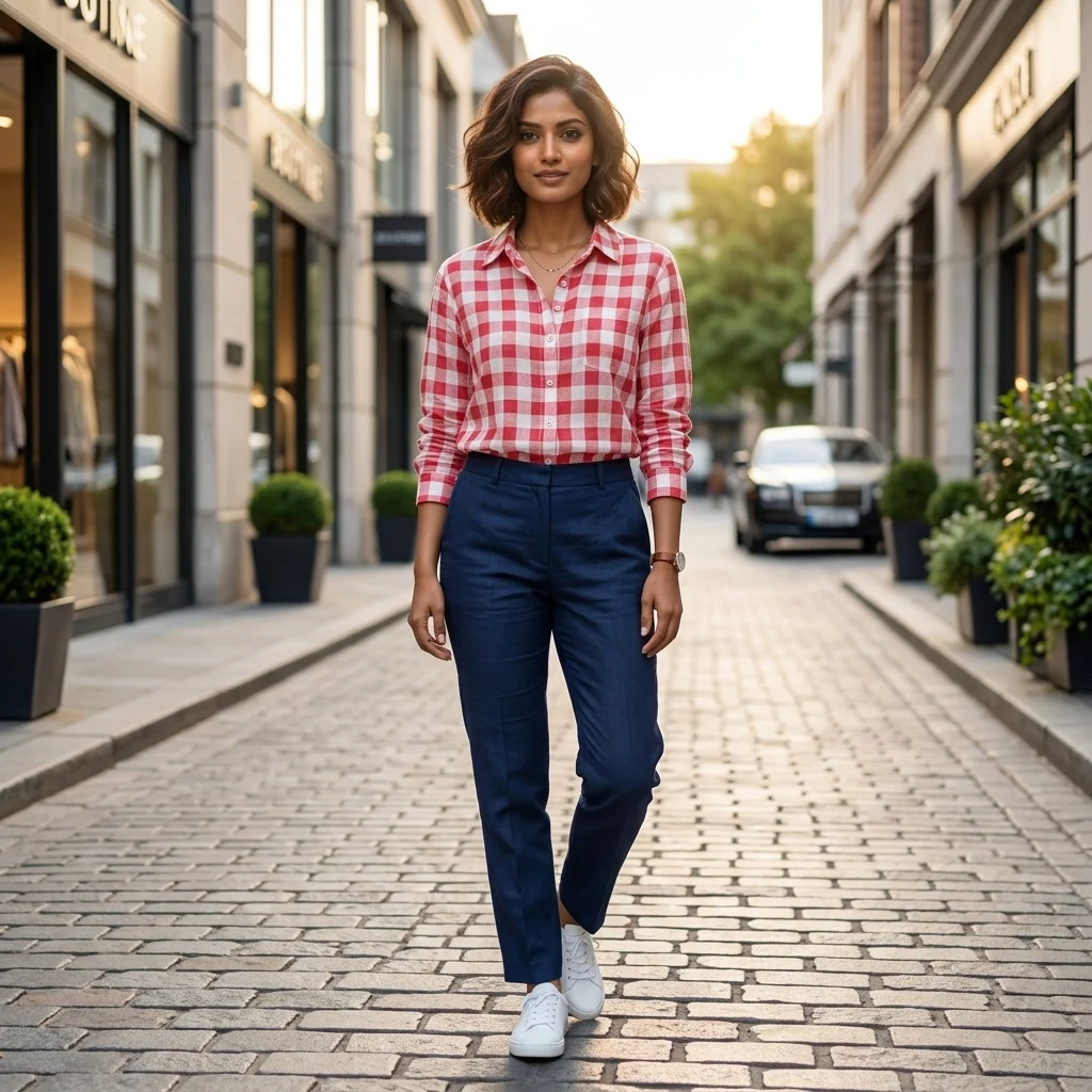 Women's red and white casual gingham button down shirt (4) Women's red and white casual gingham button down shirt (4)
