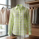 Women's sheer lime green and white checkered button down shirt (6)