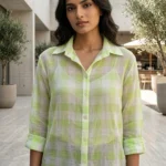 Women's sheer lime green and white checkered button down shirt (7)