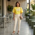 Women's yellow round neck top with sheer puff sleeves and embellished butterfly graphic (2)
