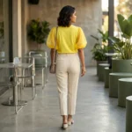 Women's yellow round neck top with sheer puff sleeves and embellished butterfly graphic (5)