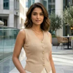 a beige ribbed knit vest top with gold buttons and subtle embellishments (3)
