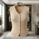 a beige ribbed knit vest top with gold buttons and subtle embellishments (4)