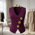 a plum tailored asymmetric vest top with large gold buttons (7)