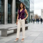 a plum tailored asymmetric vest top with large gold buttons (9)