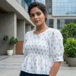 casual white and blue polka dot smocked top (3)