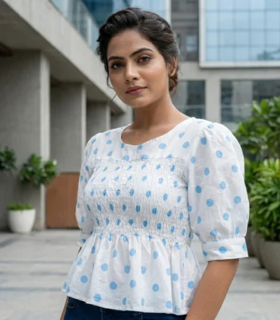 casual white and blue polka dot smocked top (3)