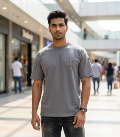 grey oversized round neck t shirt with subtle chest logo and large NY back graphic (4)