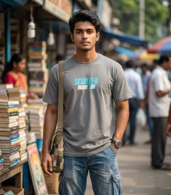 grey short sleeve casual t shirt with Scooter Mode On front text (3)