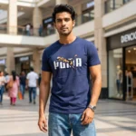 man wearing a regular fit navy blue short sleeve t shirt (4)