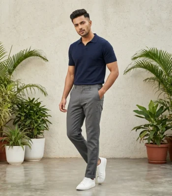 man wearing slim fit grey cuffed trousers (4)
