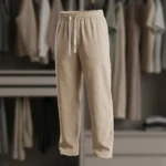 men's beige relaxed fit drawstring pants in a textured fabric (2)