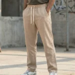 men's beige relaxed fit drawstring pants in a textured fabric (3)