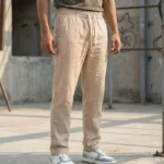 men's beige relaxed fit drawstring pants in a textured fabric (4)