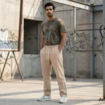 men's beige relaxed fit drawstring pants in a textured fabric (6)