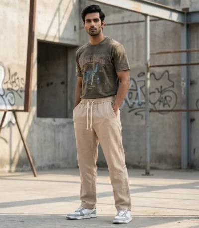 men's beige relaxed fit drawstring pants in a textured fabric (6)