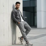 men's grey joggers with black drawstring and ribbed cuffs (4)