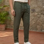 men's olive green textured casual trousers (1)