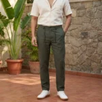 men's olive green textured casual trousers (2)