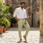 men's sage green drawstring casual trousers (3)