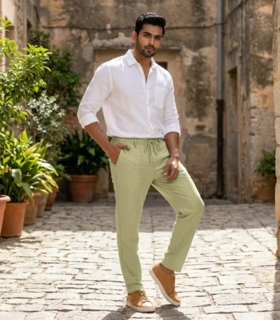 men's sage green drawstring casual trousers (3)