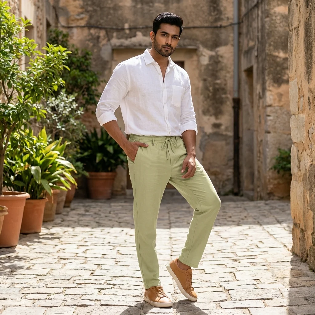 men's sage green drawstring casual trousers (3) men's sage green drawstring casual trousers (3)