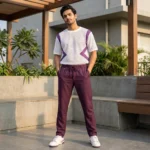 men's solid plum casual drawstring trousers (3)