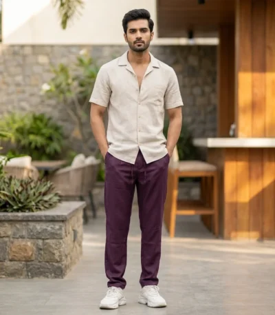 men's solid plum casual drawstring trousers (4)