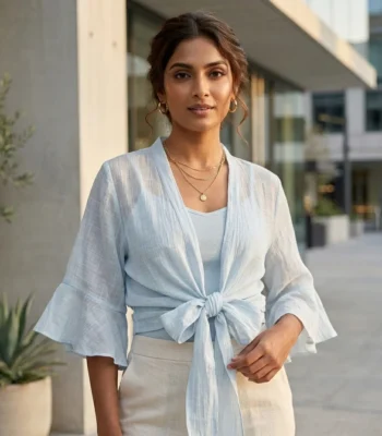 oman wearing a light blue tie front women's short shrug over a top (3)