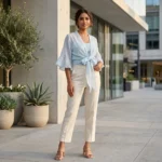 oman wearing a light blue tie front women's short shrug over a top (4)