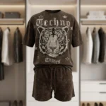 oman wearing brown acid wash oversized t shirt with tiger graphic and matching shorts co ord set (2)