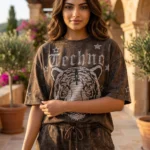 oman wearing brown acid wash oversized t shirt with tiger graphic and matching shorts co ord set (4)