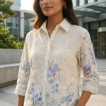 omen's white and blue floral embroidered button down shirt (4)