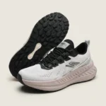 pair of Street Time white knitted mens running sneakers with black laces resting (3)