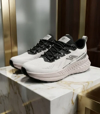 pair of Street Time white knitted mens running sneakers with black laces resting (4)