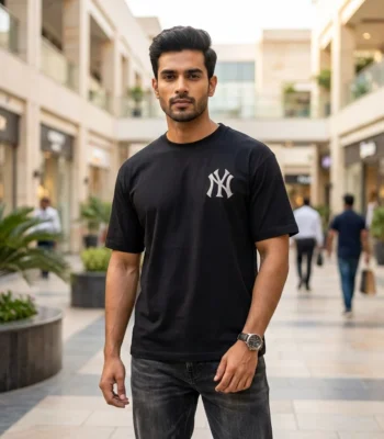 premium black crew neck t shirt with front NY logo (2)