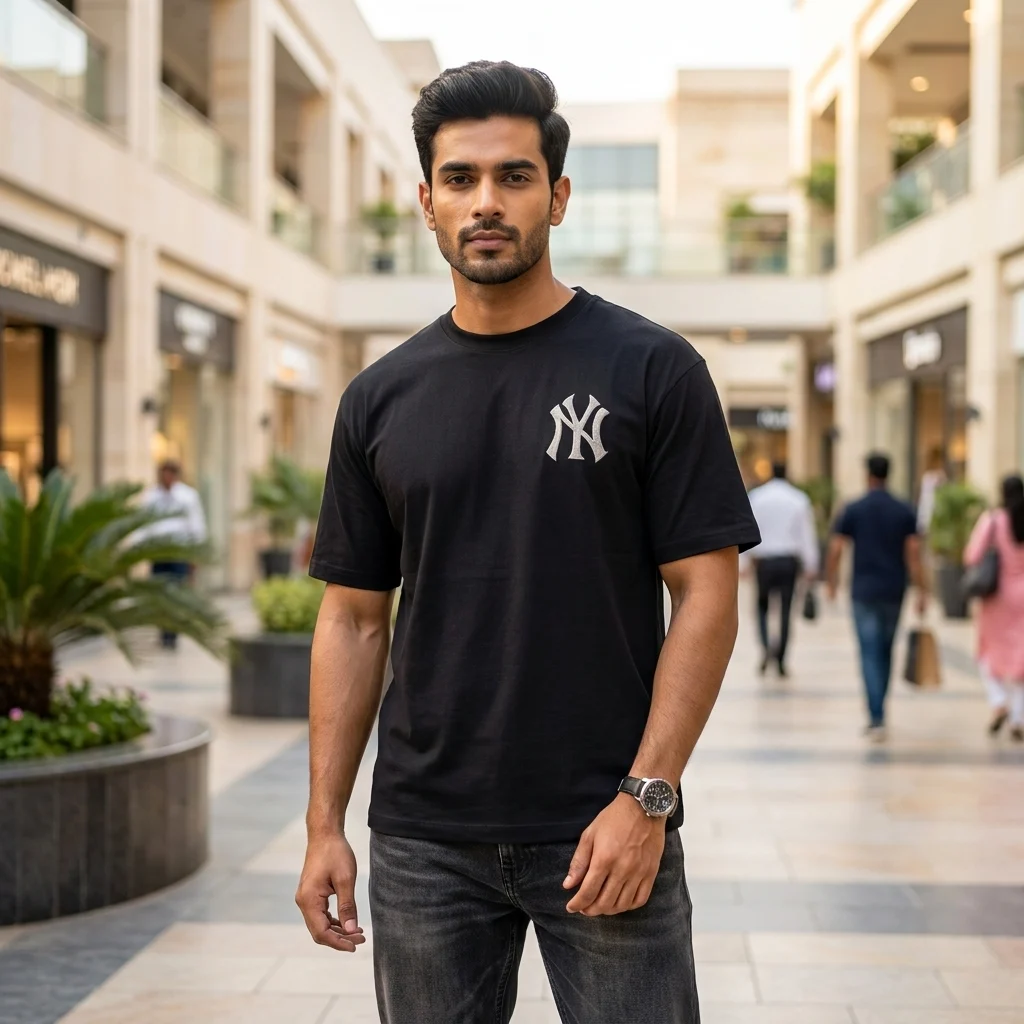 premium black crew neck t shirt with front NY logo (2)