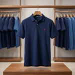 premium navy blue polo t shirt with a red logo on the chest (1)
