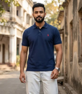 premium navy blue polo t shirt with a red logo on the chest (2)